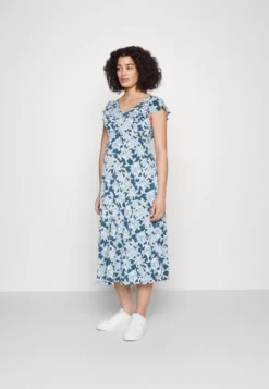 Midi V Flared Dress Witrh Ruffle Sleevees - Jerseyjurk - Dark Blue/Blue